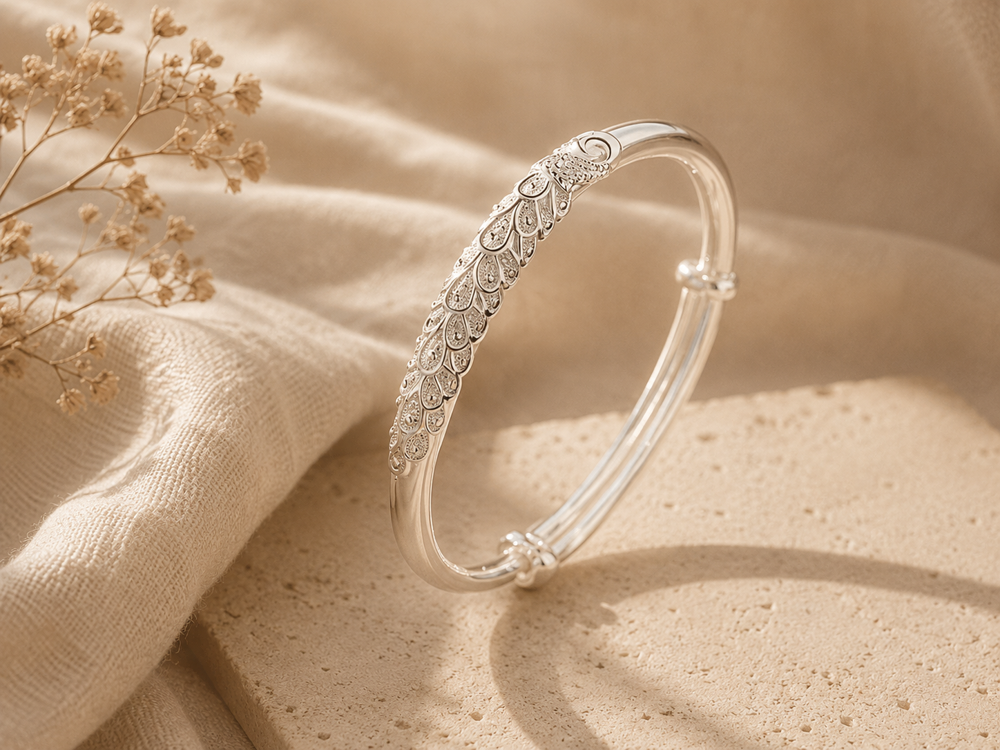 Peacock Feather Silver Cuff Bracelet