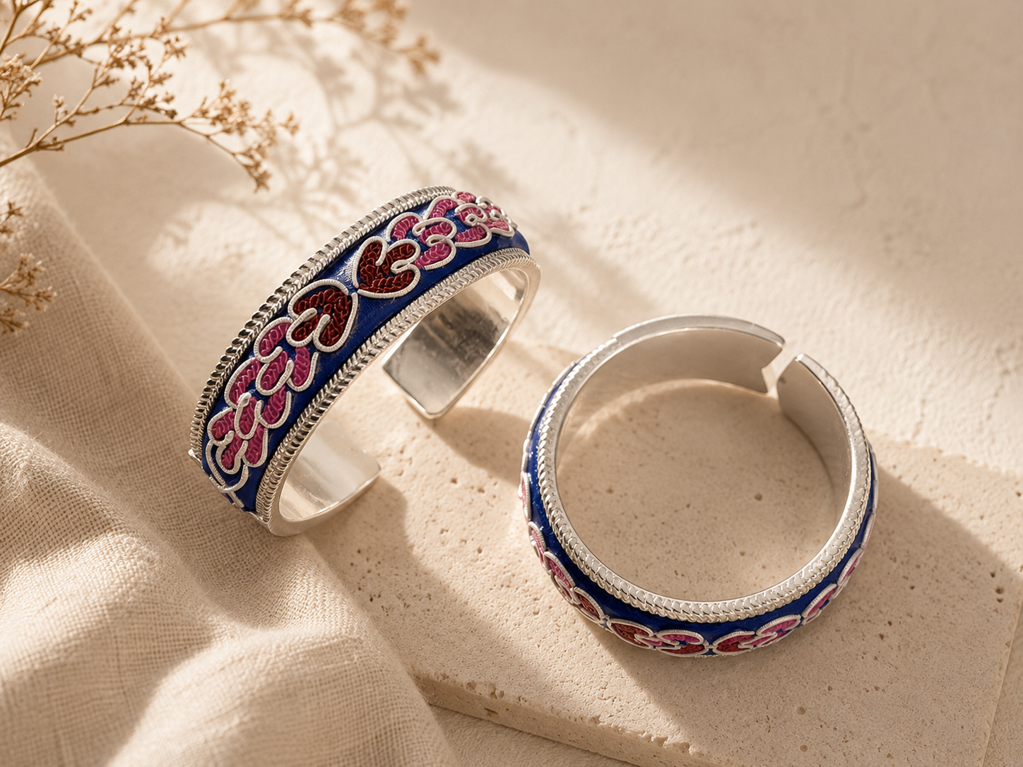 Miao Silver & Embroidery Heritage Cuff Bracelet